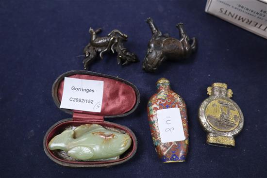 A Chinese green and russet jade fish, a cloisonne enamel snuff bottle, a pewter snuff bottle and two small Oriental bronzes